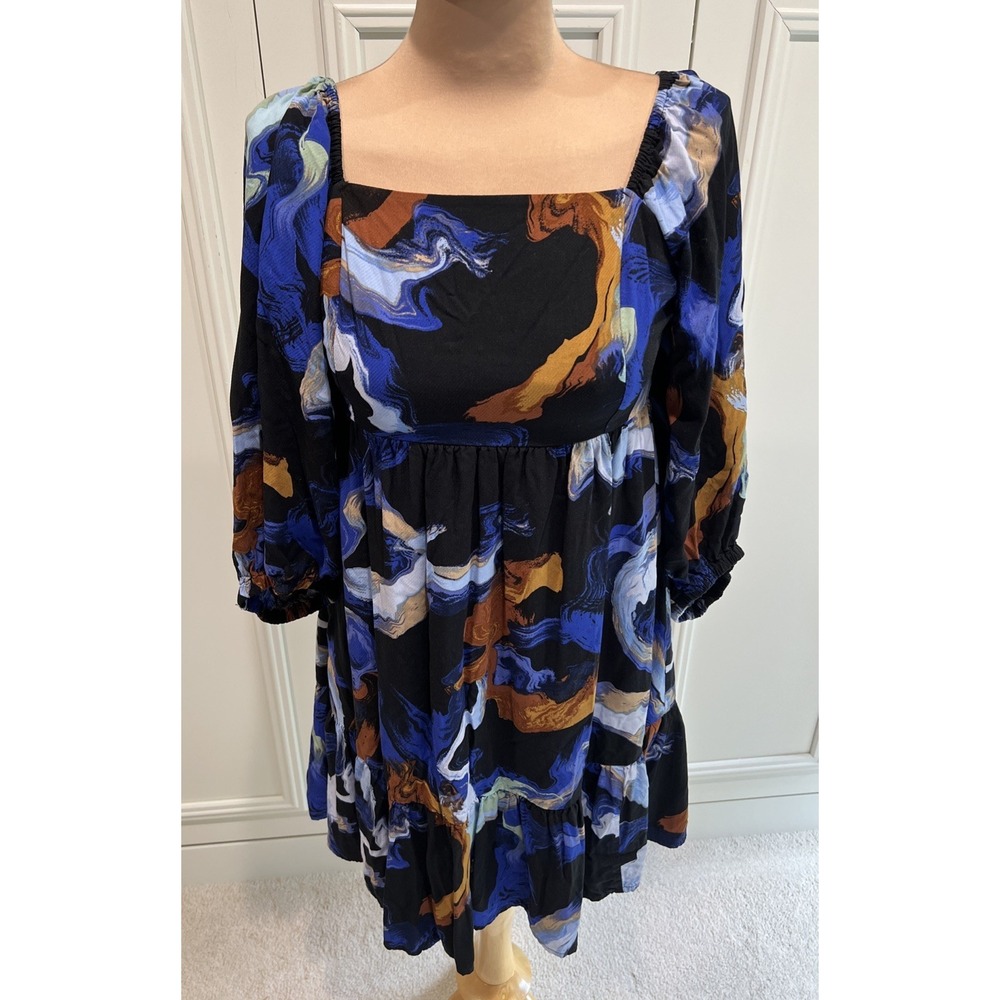 Nine West Babydoll Empire Waist Dress Size Medium Marbled Square Neck Milkmaid